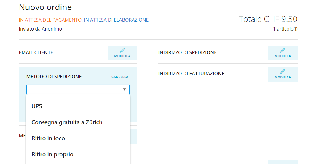 modificare metodo di spedizione