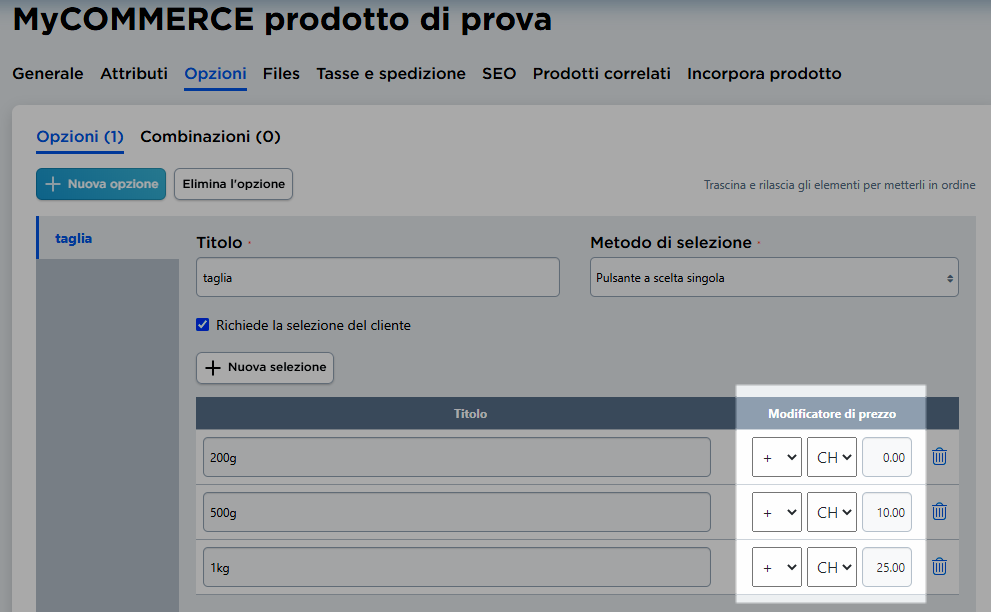 modificatori di prezzo per opzioni
