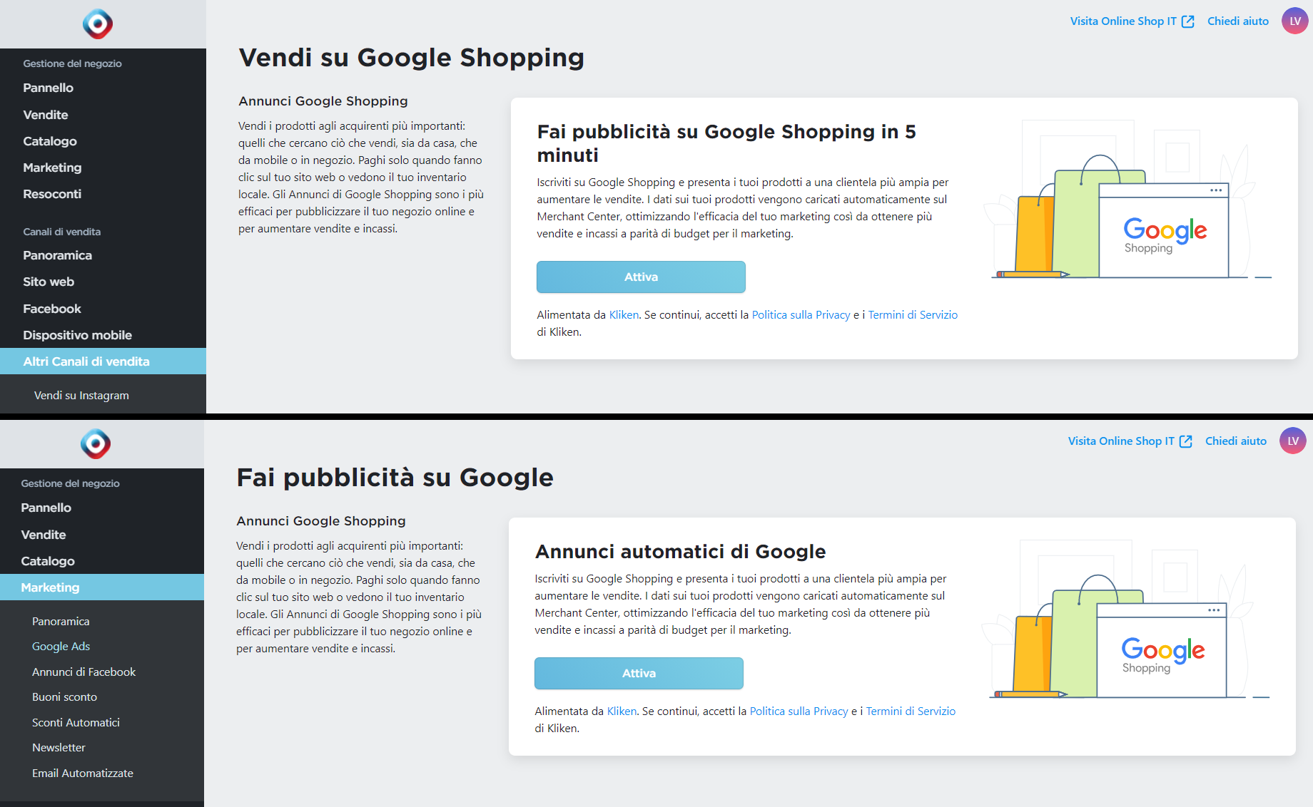 accedere a Google Shopping nel conto MyCOMMERCE