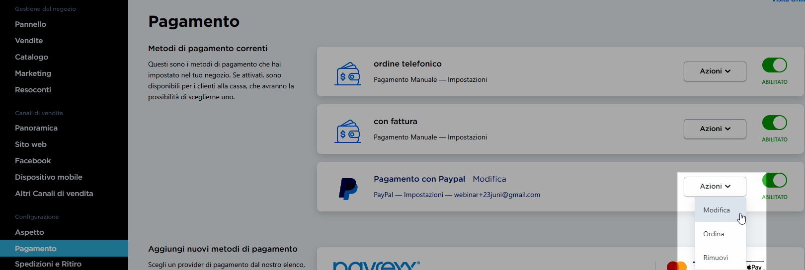 impostazioni paypal alla cassa