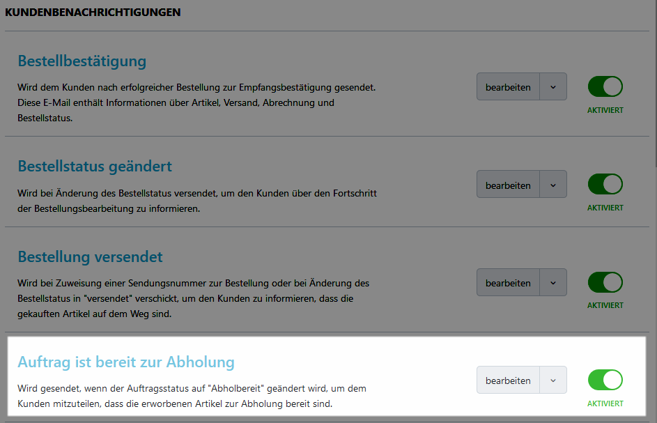 Benachrichtung Auftrag bereit zur Abholung